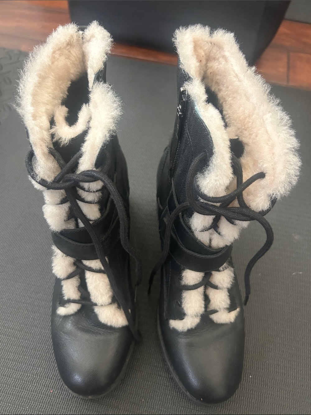 UGG Black Lace-Up Winter Boots with Cream Fur Trim